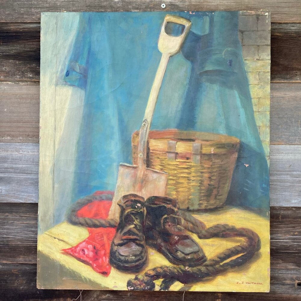 original oil painting  . gardening  . oil painting . E.J.Hartman